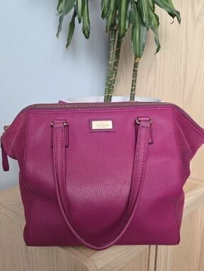 kate spade Bay Street Lydia Magenta Pebbled Leather & Suede Bowling Bag Tote